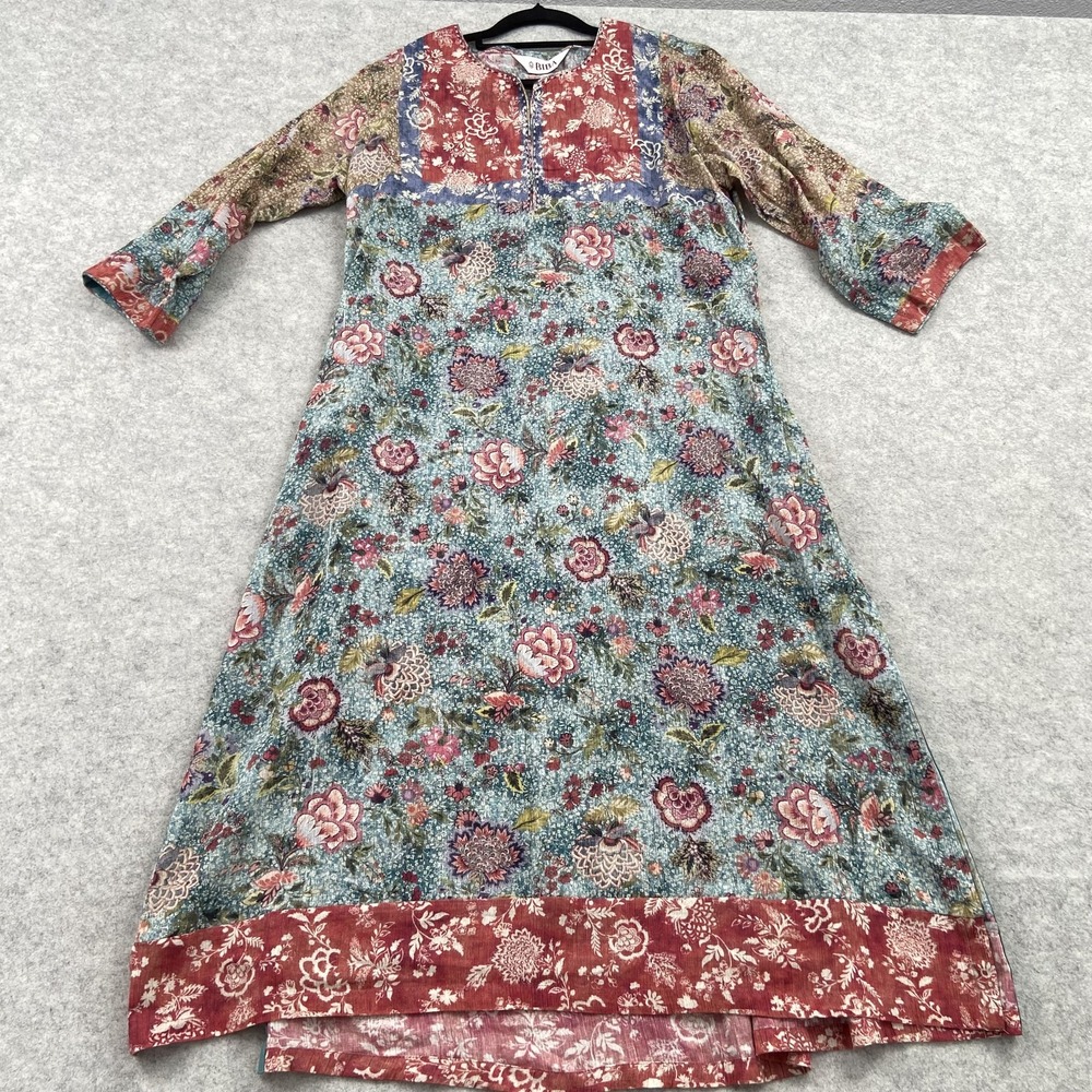 BiBA Dress Womens 36 Blue Floral Boho Kaftan Maxi 3/4 Bell Sleeve Side Slit